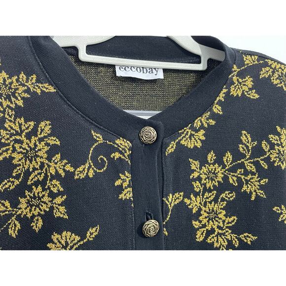 Vintage Eccobay Cardigan Sweater XL Black Gold Floral Preppy Regency Holidays - Picture 3 of 5